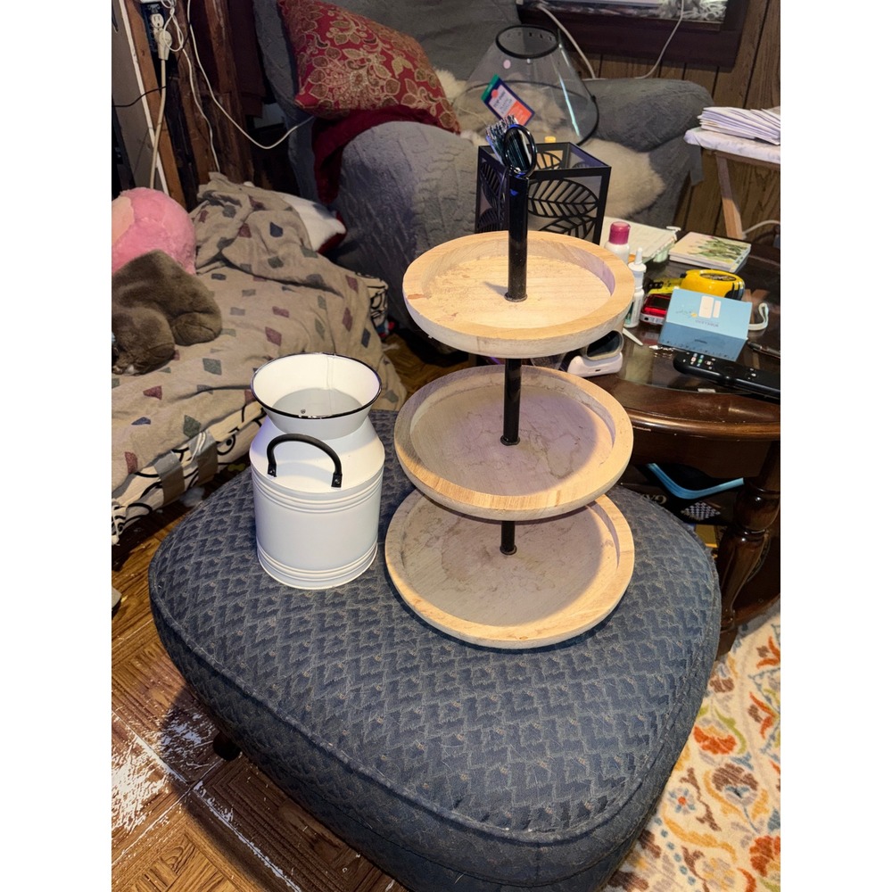 Farmhouse 3 Tier Wooden Tray Stand and White Metal Milk Jug Vase Decor Set